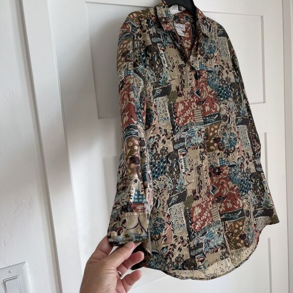 Vintage Womens Cote de France Silk Button Blouse Long Sleeve Brown Multi Sz S - Picture 4 of 13